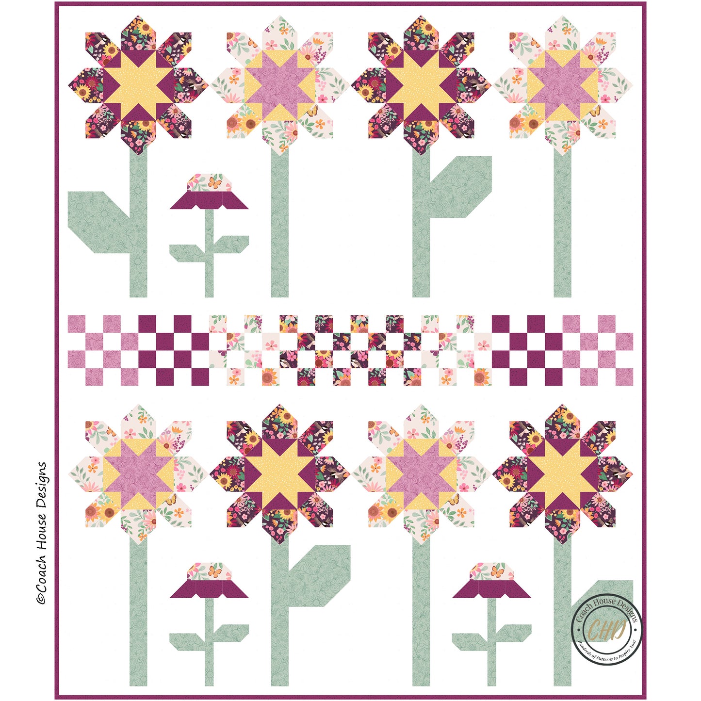 Lap quilt pattern with floral designs and checkered patterns on a white background