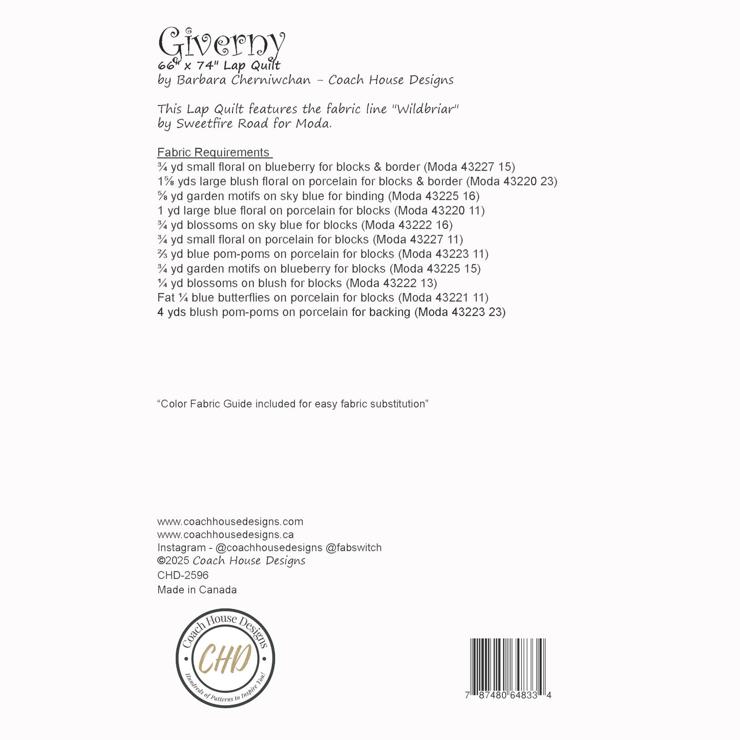 Textual information about a lap quilt sewing pattern titled 'Giverny' by Coach House Designs. This page contains information about the design specifications and fabric requirements to make the quilt.