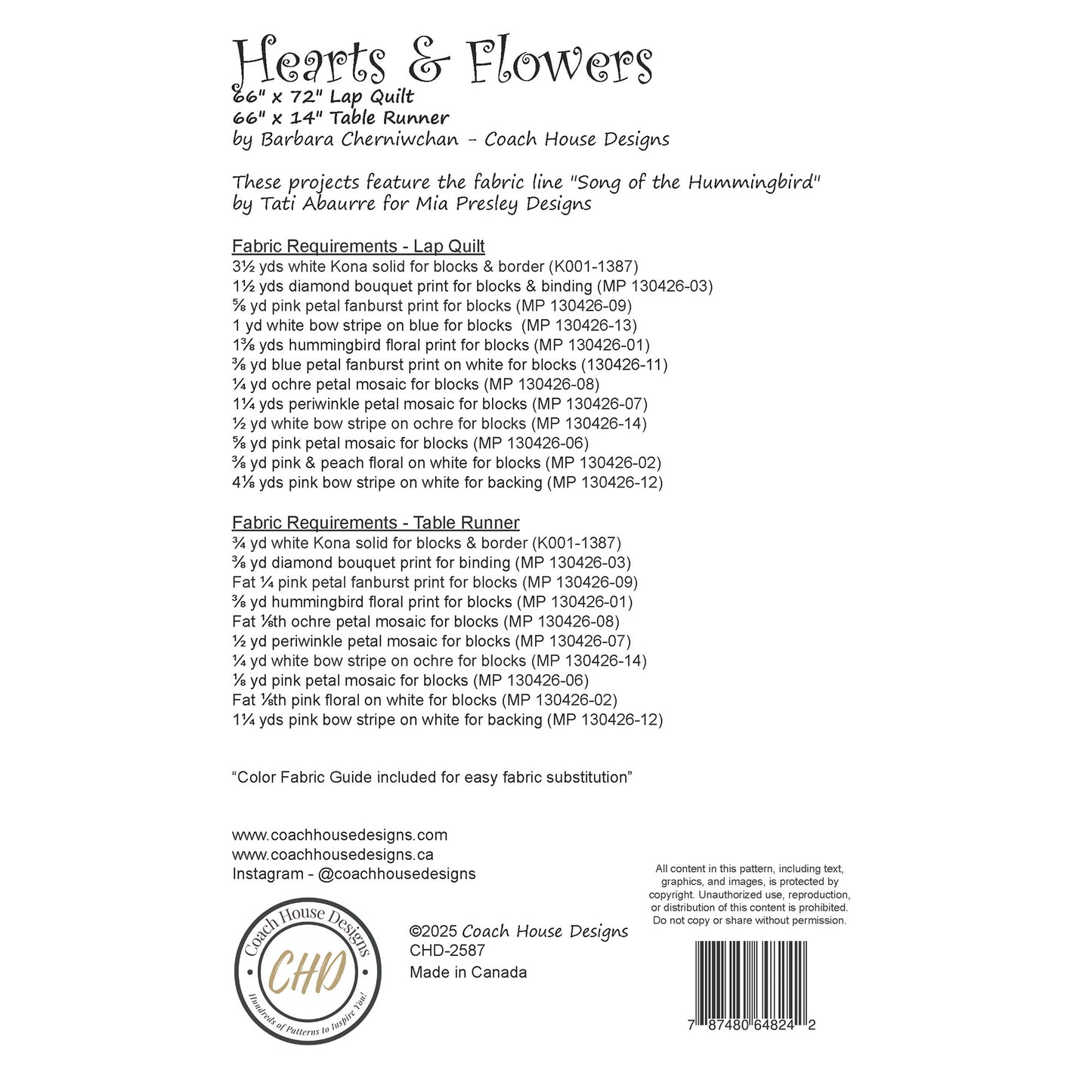 Textual information about a lap quilt sewing pattern titled 'Hearts & Flowers' by Coach House Designs. This page contains information about the design specifications and fabric requirements to make the quilt.