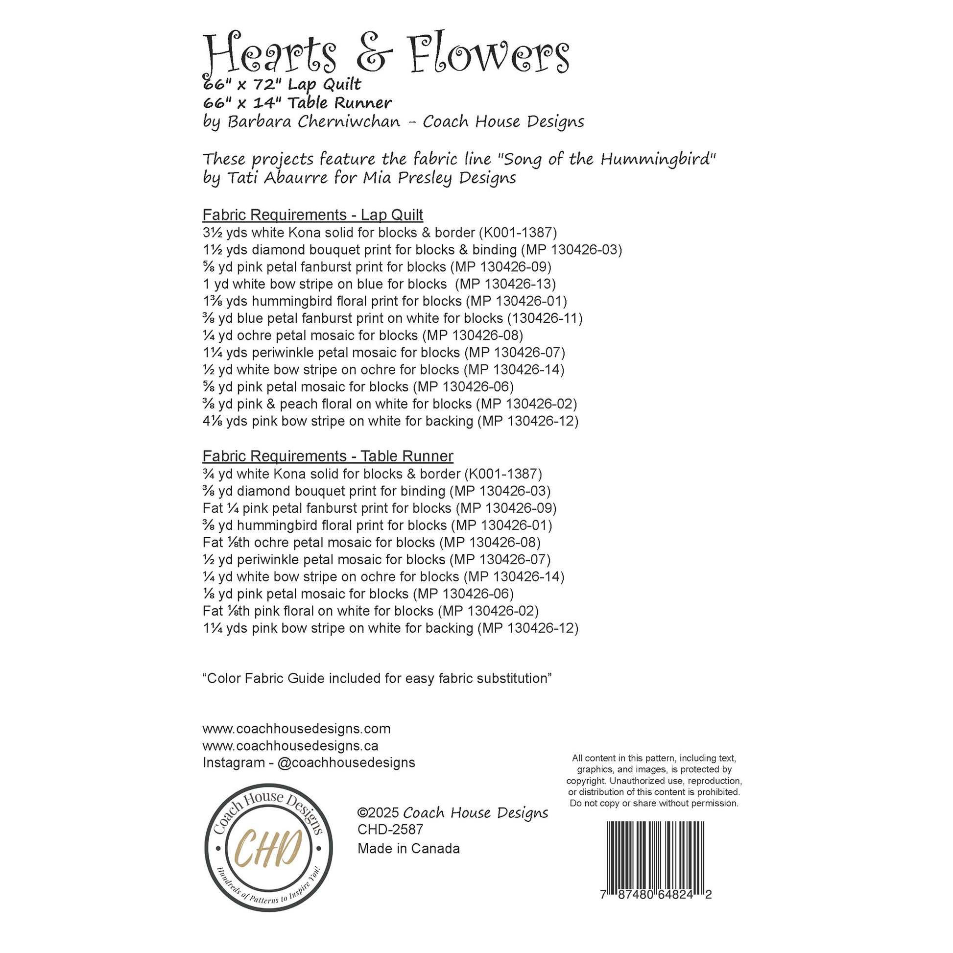 Textual information about a lap quilt sewing pattern titled 'Hearts & Flowers' by Coach House Designs. This page contains information about the design specifications and fabric requirements to make the quilt.