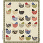 A close up digital image of a lap quilt pattern with 25 sitting hens in an array of color such as blue, red, green and pink fabrics on a soft cream background. 