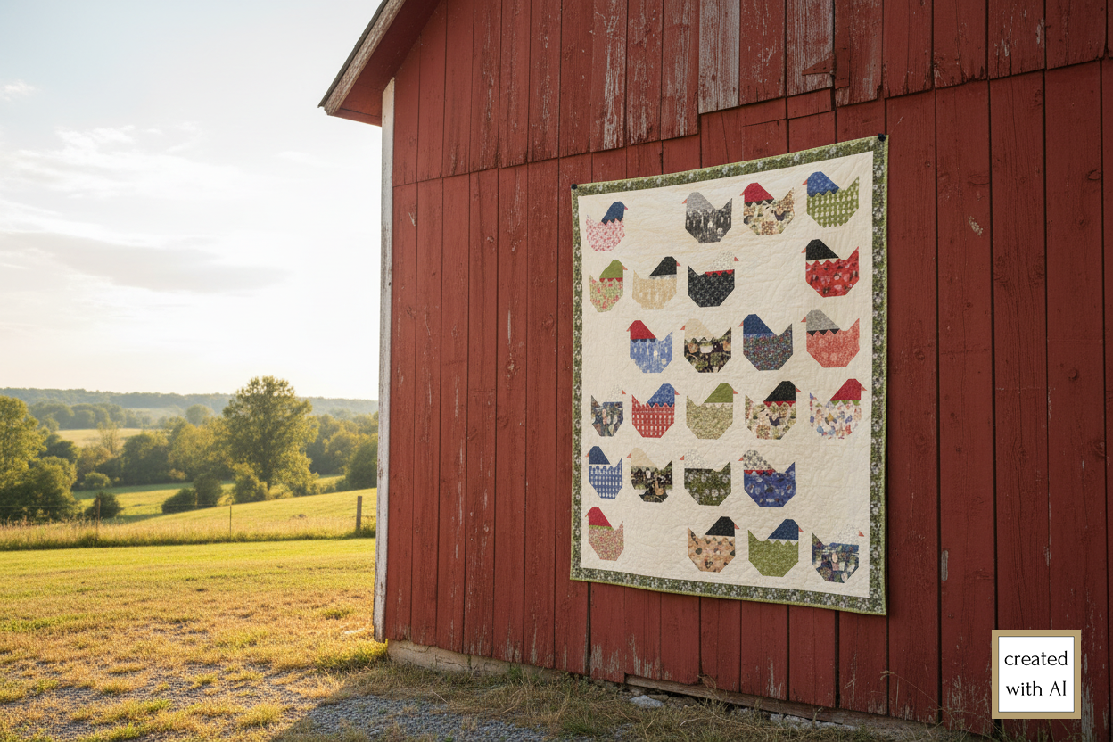 An AI generated image of the lap quilt titled 'Hen Party' by Coach House Designs. The quilt is hanging on the side of an old red barn that is set in a country landscape. 
