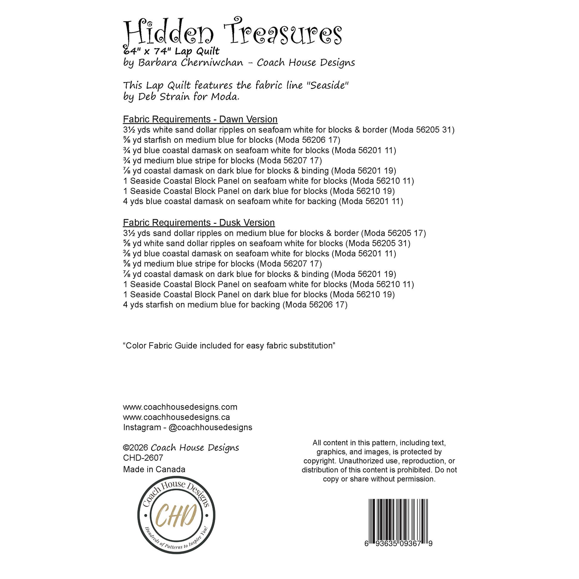 This page contains information about a lap quilt sewing pattern titled 'Hidden Treasures' by Coach House Designs. It includes specifications and yardage requirements from the fabric collection "Seaside" by Deb Strain for Moda. 