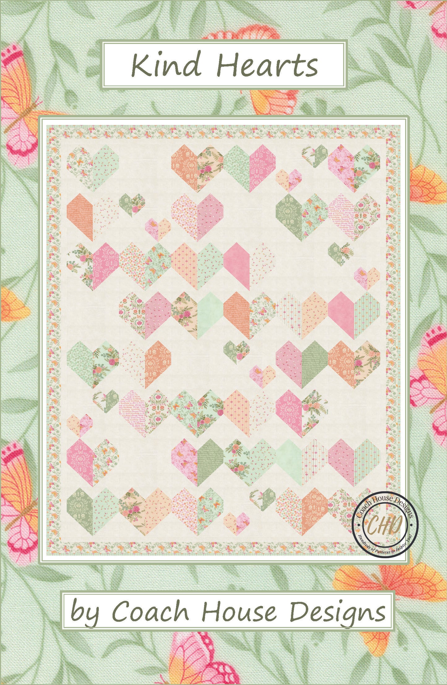 'Kind Hearts' lap quilt pattern by Coach House Designs is a filled with pastel colored heart blocks. Each heart is made of complimentary colors in soft hues of pink, greens, peach and orange on a cream color background. 