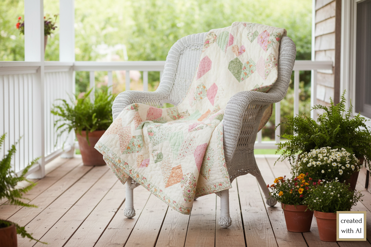 An AI image of the Kind Hearts lap quilt draped over a white wicker chair that is placed on a wooden porch, surrounded by potted plants.