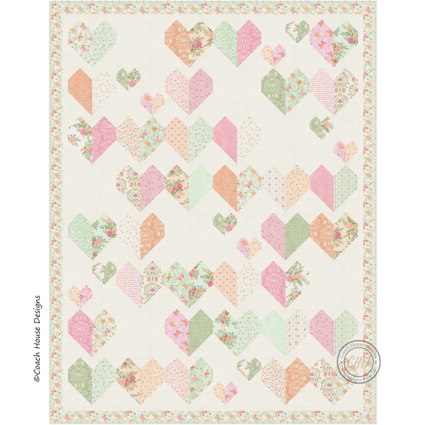 Close up digital image of lap quilt design with 35 large heart-shaped blocks and 10 smaller hearts in pastel floral fabrics on a cream background.