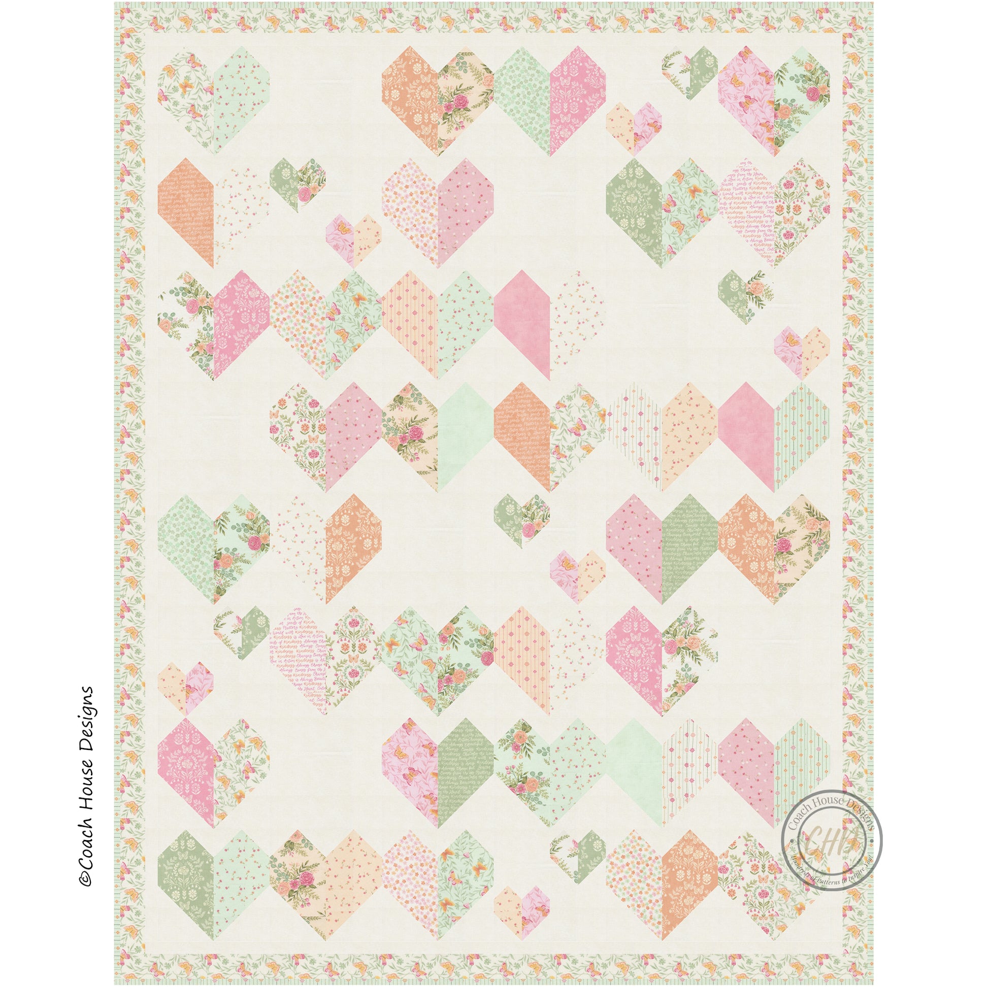 Close up digital image of lap quilt design with 35 large heart-shaped blocks and 10 smaller hearts in pastel floral fabrics on a cream background.
