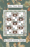 Cover image of a lap quilt pattern featuring bears with hats on a white background, labeled 'Lake Time Bears by Coach House Designs'.