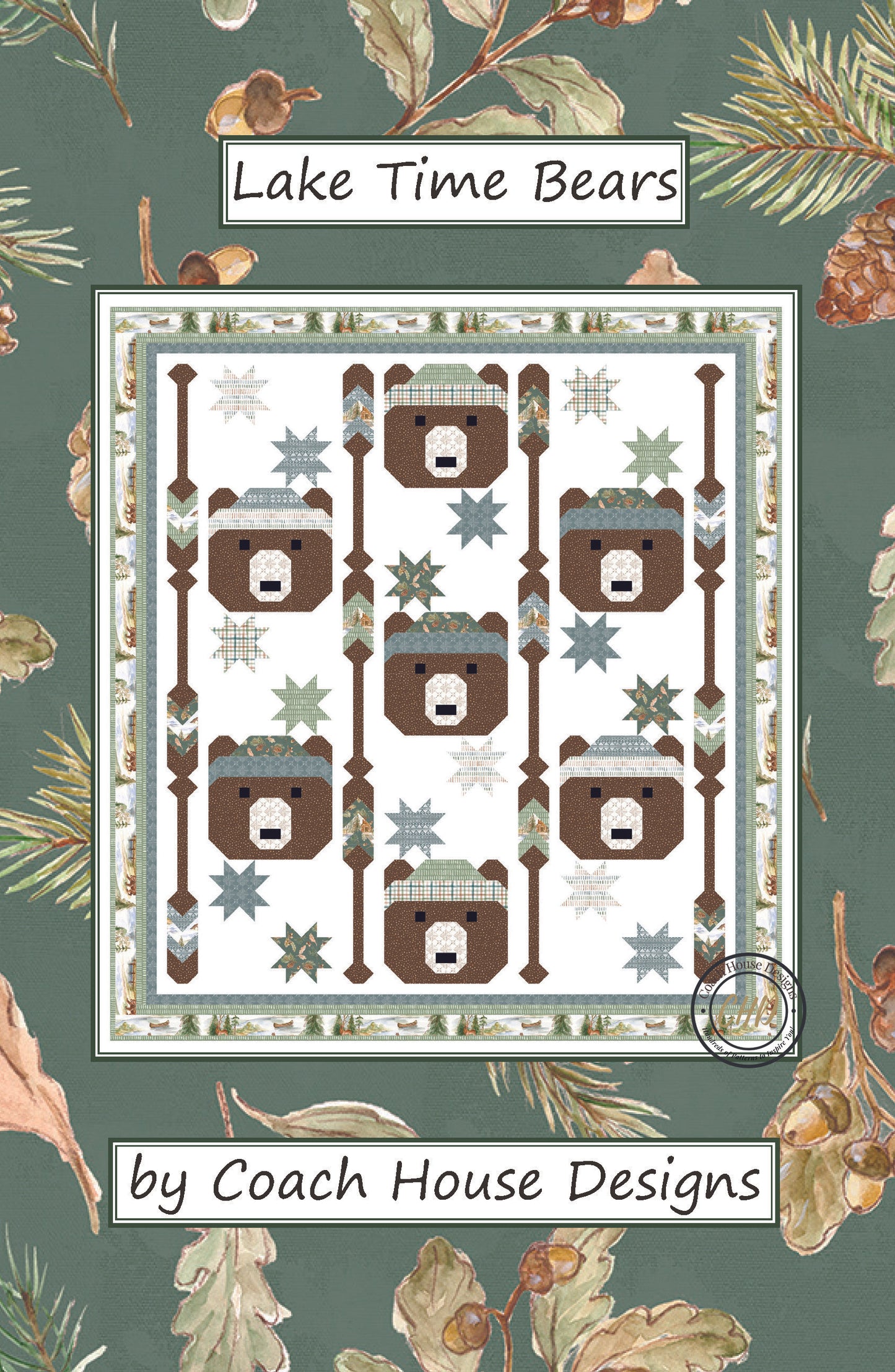 Lap quilt pattern featuring bears with hats and boat oars on a white background, labeled 'Lake Time Bears by Coach House Designs'. 