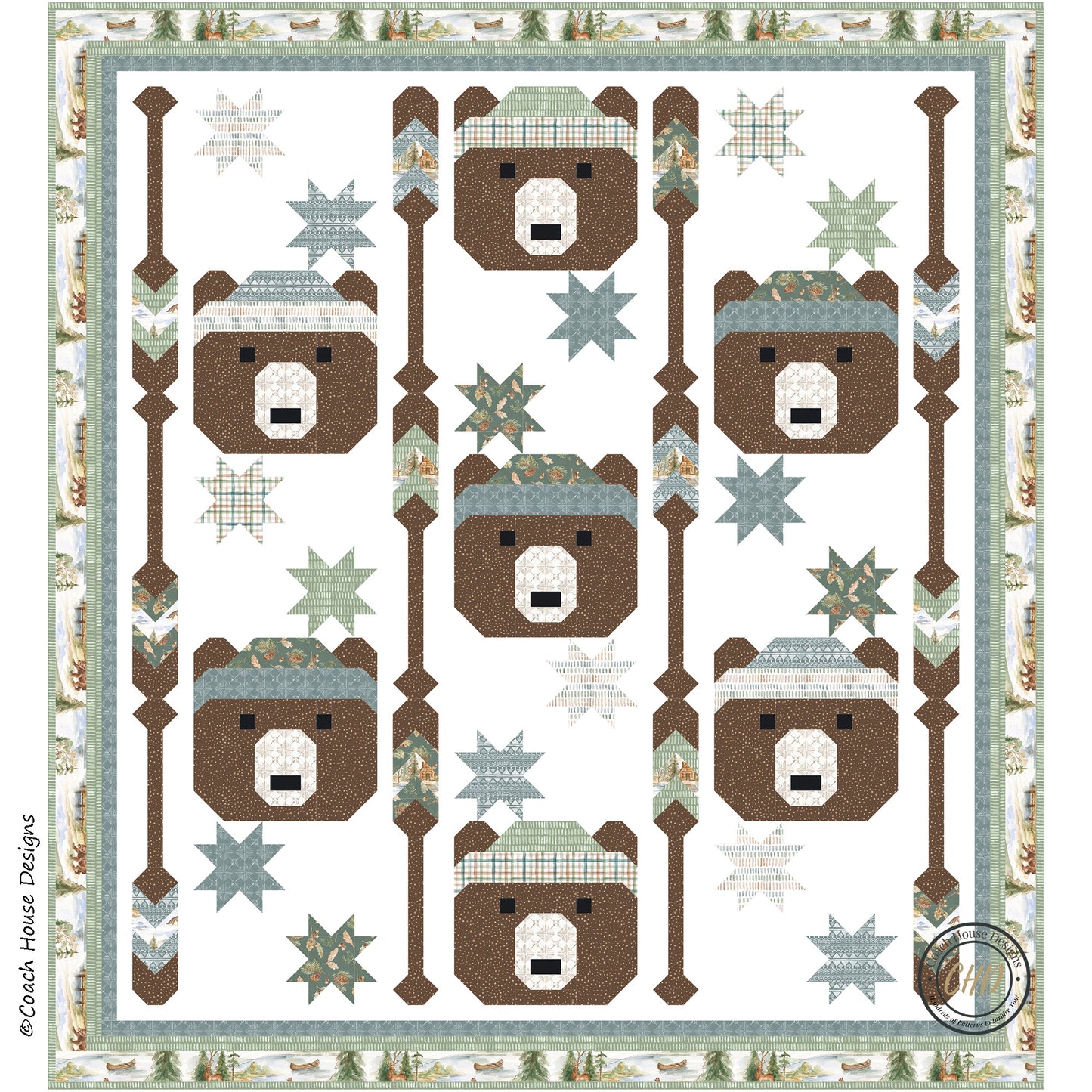 Lap quilt pattern with bears wearing hats on a white background that also has a motif of stars and boat oars .