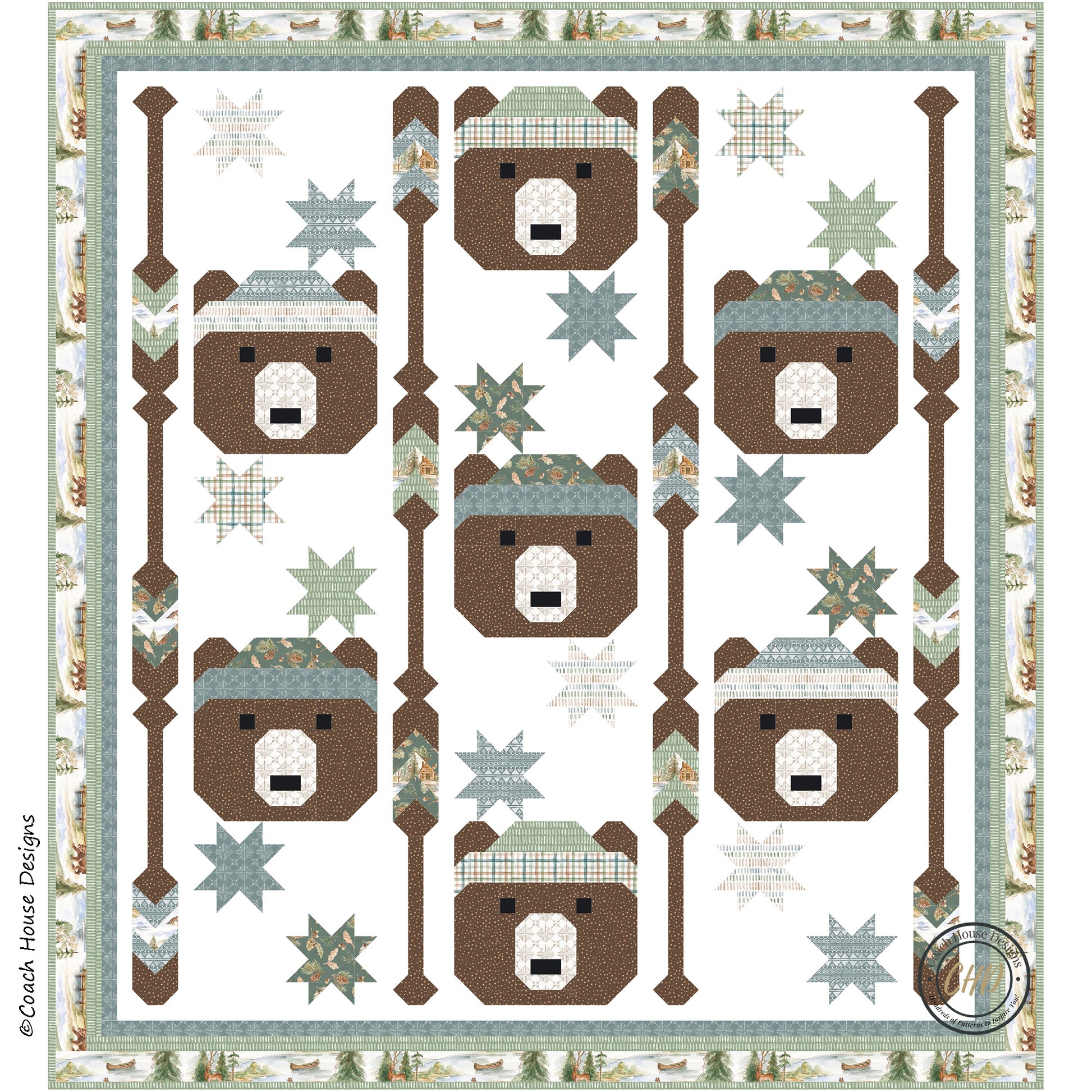 Lap quilt pattern with bears wearing hats on a white background that also has a motif of stars and boat oars .