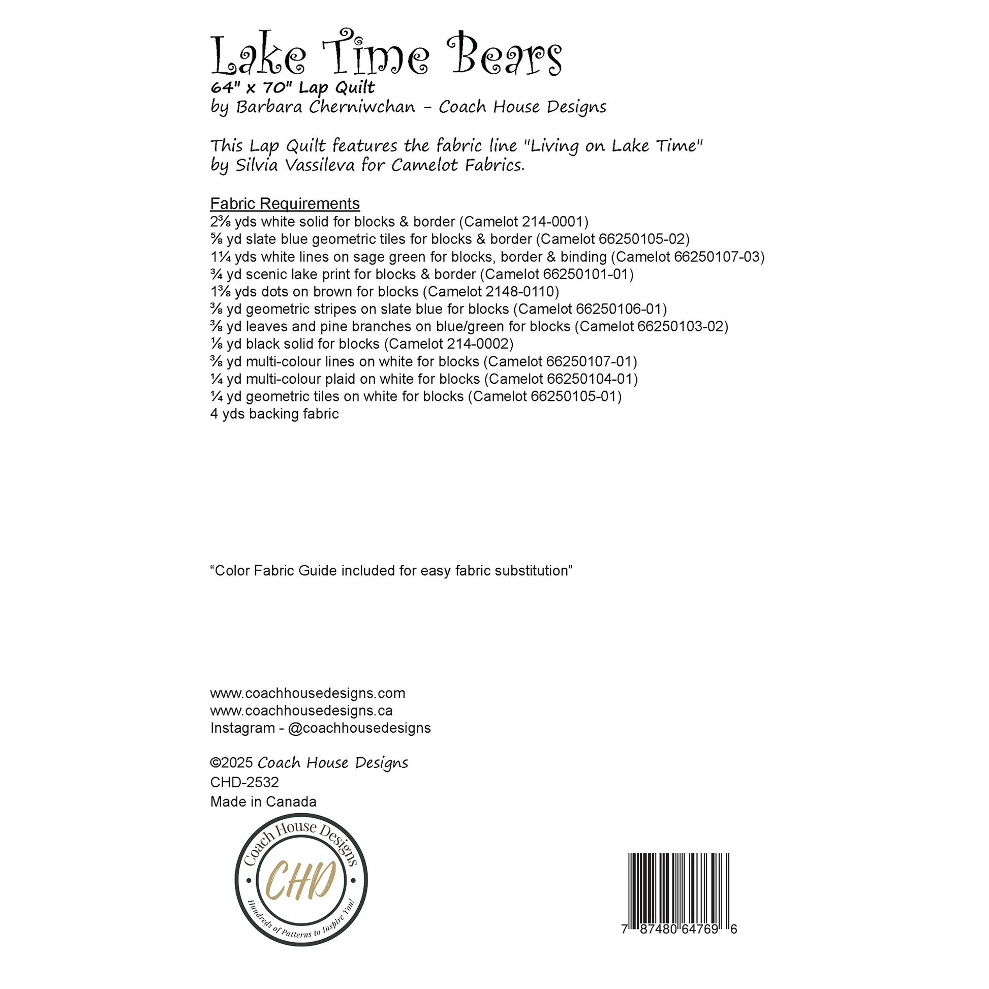 Back of a lap quilt pattern with fabric requirements and design details for a quilt pattern titled 'Lake Time Bears' by Coach House Designs