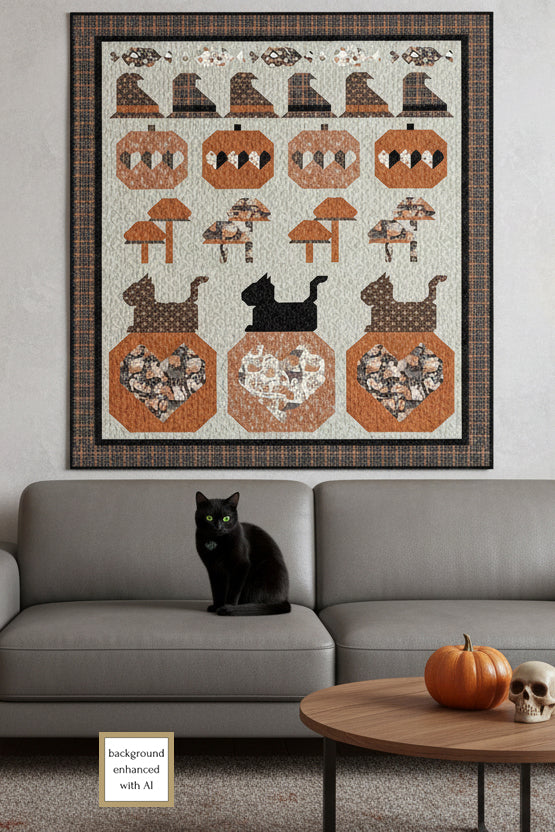 Framed quilt with Halloween-themed design on a wall above a gray sofa with a black cat.