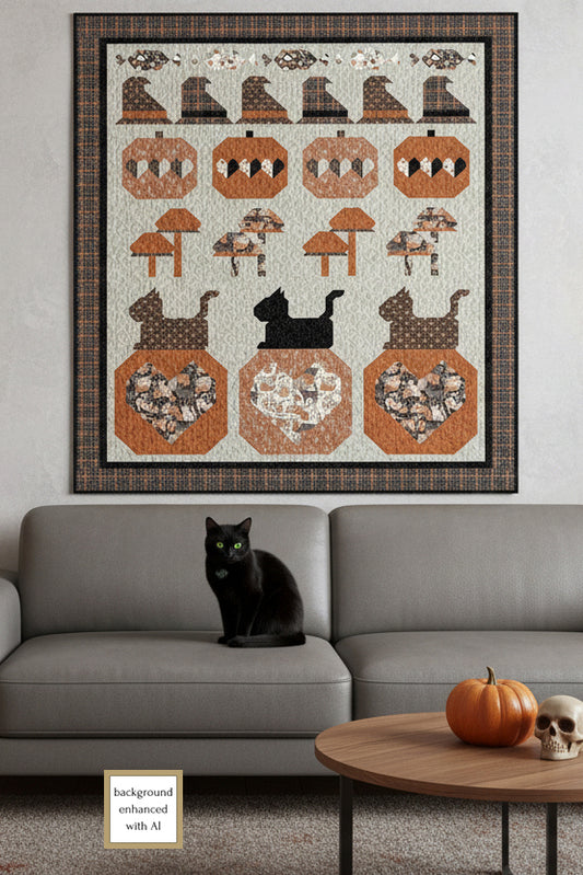 Framed quilt with Halloween-themed design on a wall above a gray sofa with a black cat.