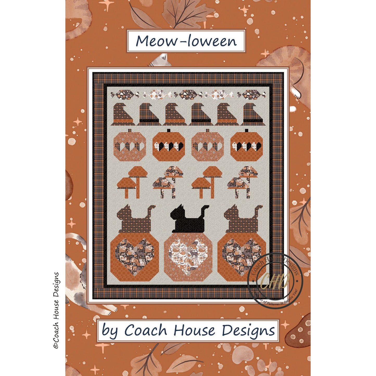Meow-loween quilt pattern featuring cats,  pumpkins, mushrooms, hats and candy by Coach House Designs.