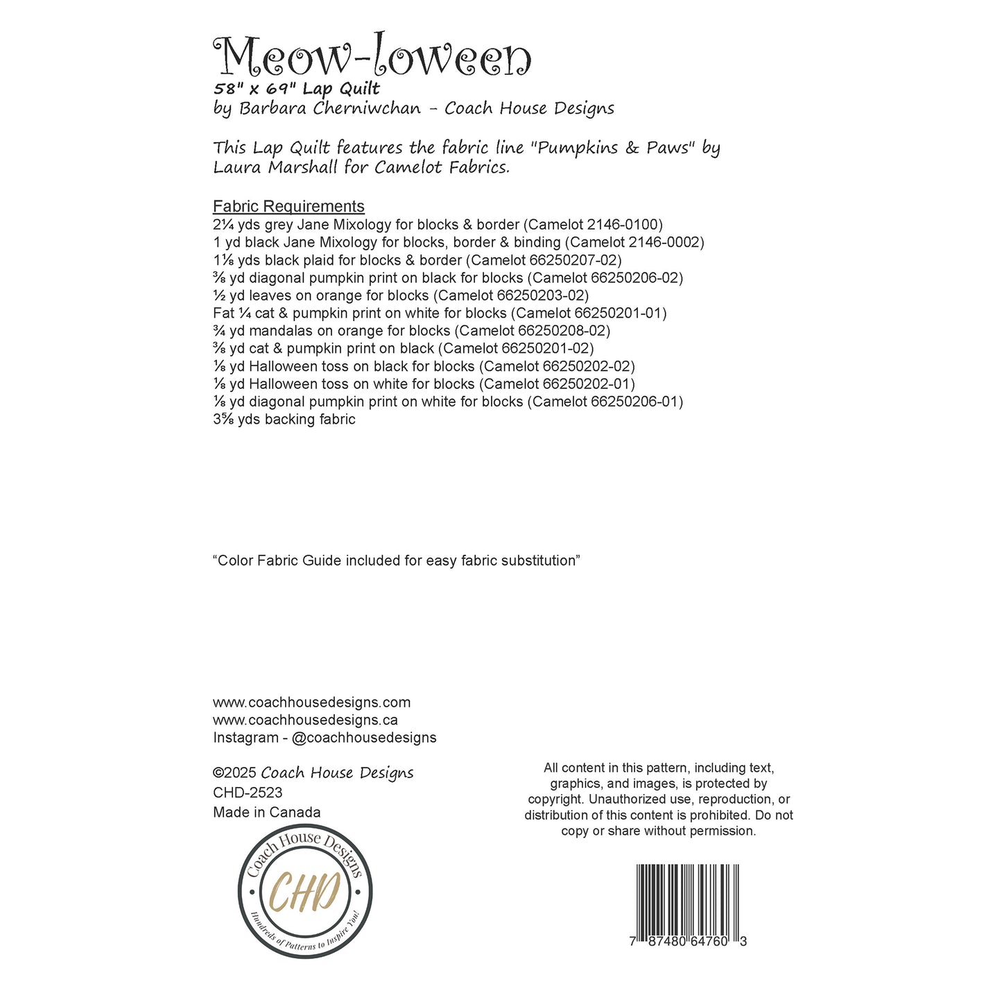 Fabric requirements for Meow-loween lap quilt pattern by Coach House Designs.