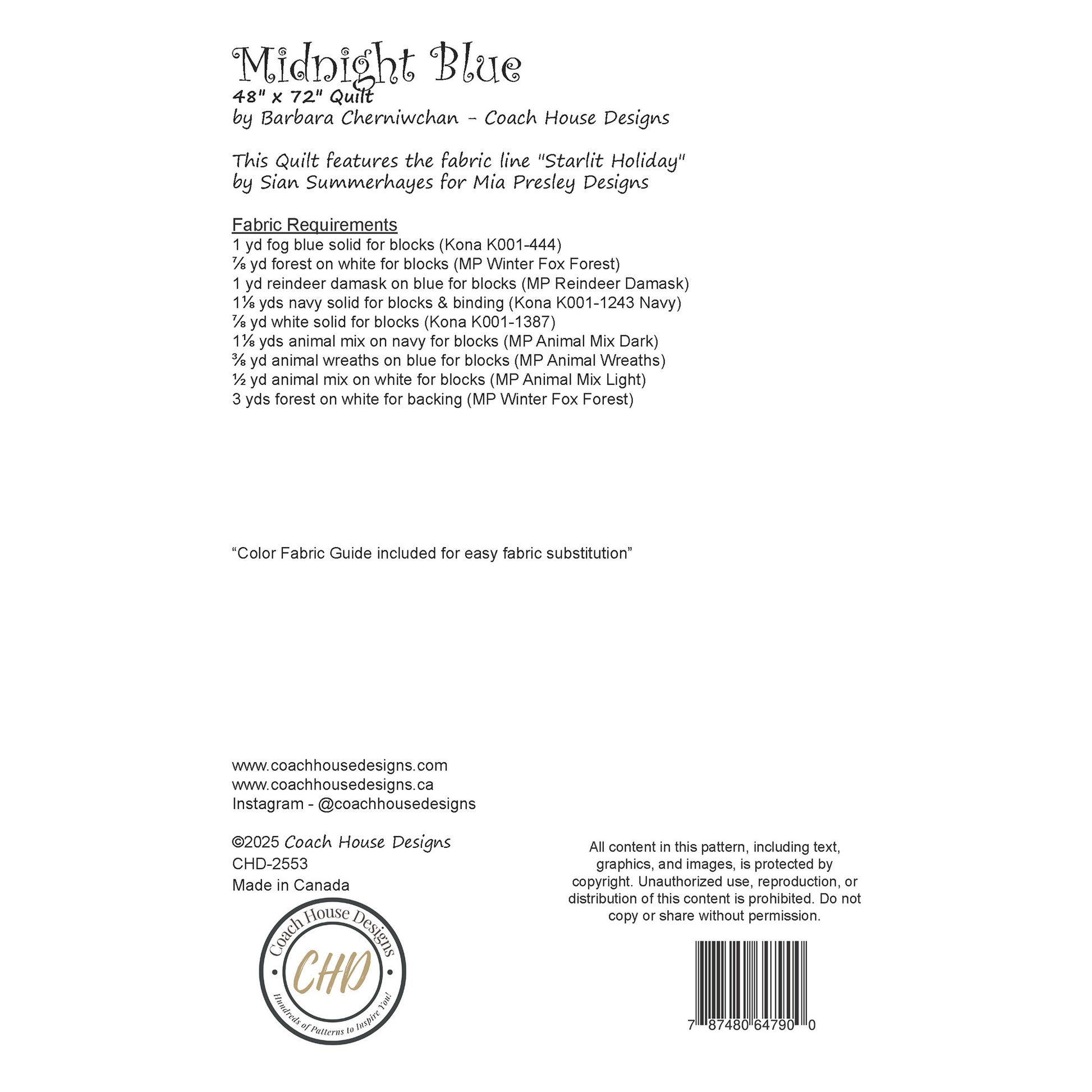 Textual information about a lap quilt sewing pattern titled 'Midnight Blue' by Coach House Designs. This page contains information about the design specifications and fabric requirements to make the quilt.