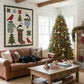 Cozy living room with a Christmas tree, decorated walls, and a brown sofa with large block Christmas Quilt by Coach House Designs
