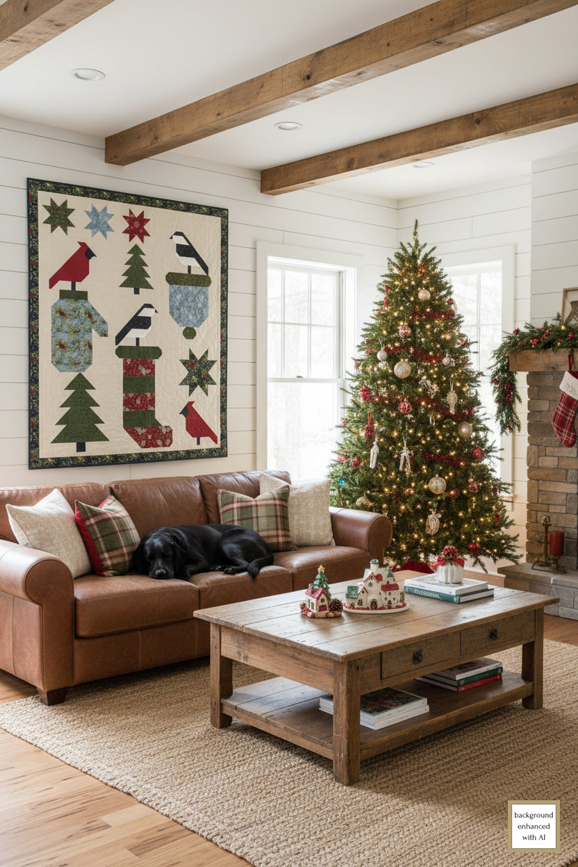 Cozy living room with a Christmas tree, decorated walls, and a brown sofa with large block Christmas Quilt by Coach House Designs
