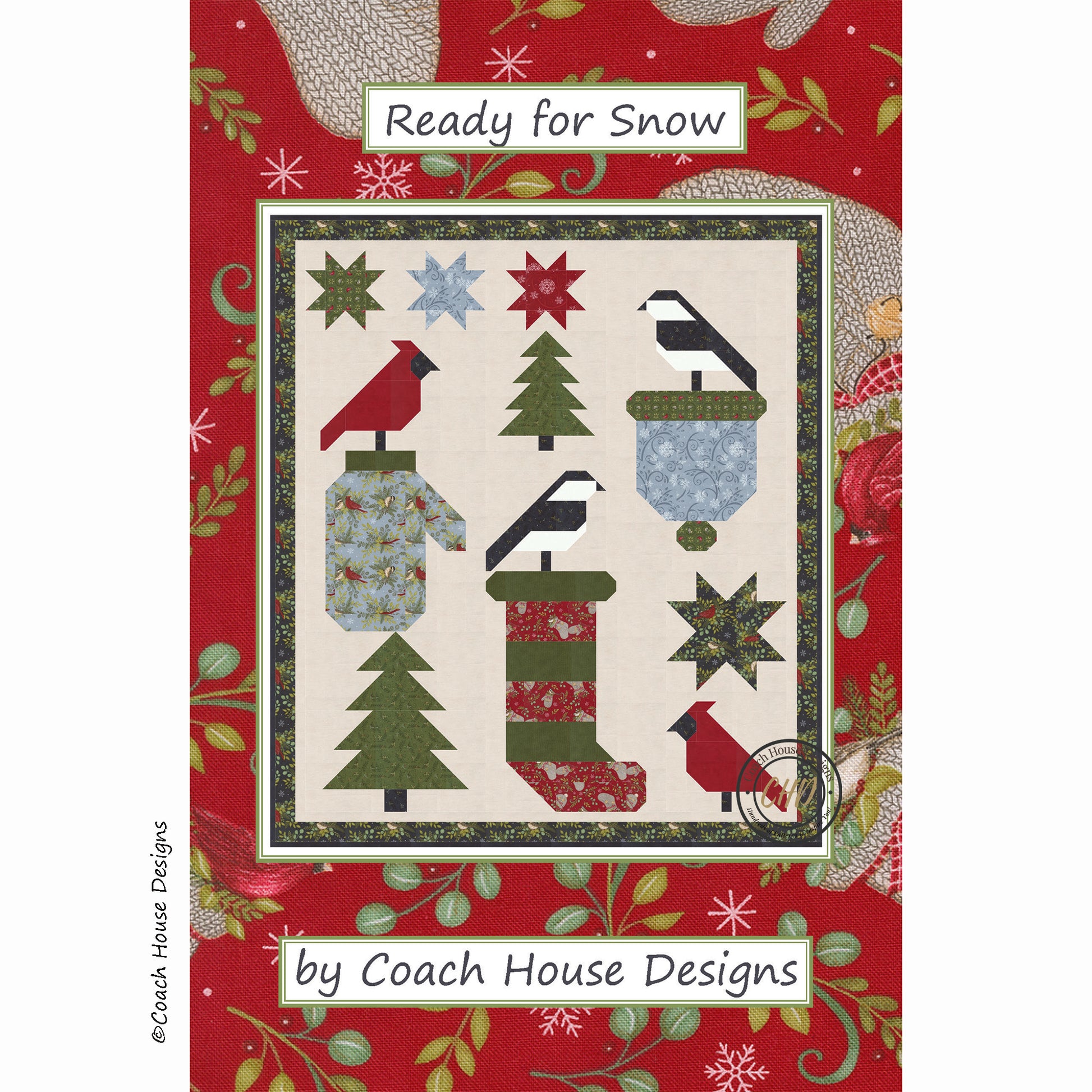 Christmas-themed quilt pattern with birds, trees, and stockings on a red background by Coach House Designs.