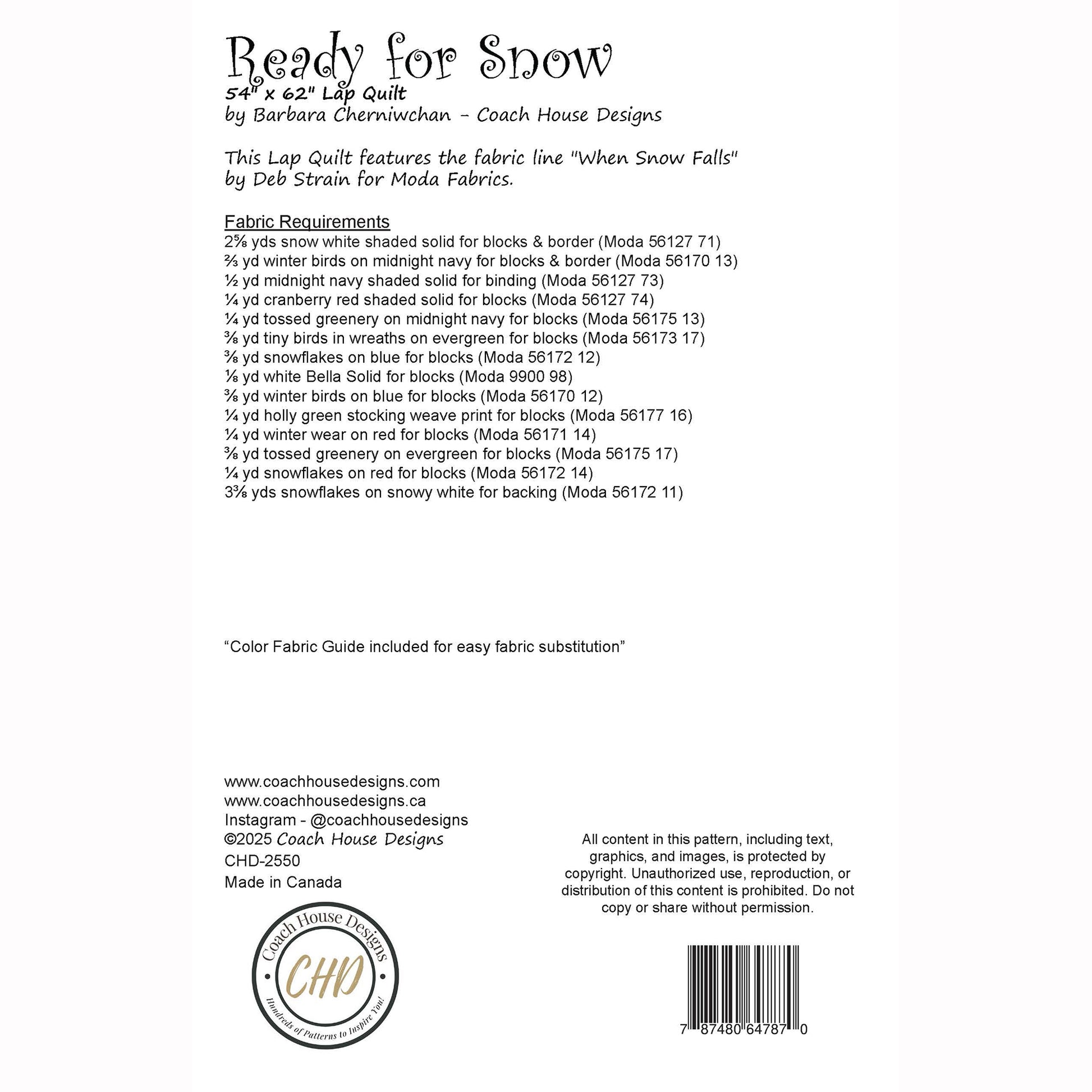 Textual information about a lap quilt sewing pattern titled 'Ready for Snow' by Coach House Designs. This page contains information about the design specifications and fabric requirements to make the quilt.