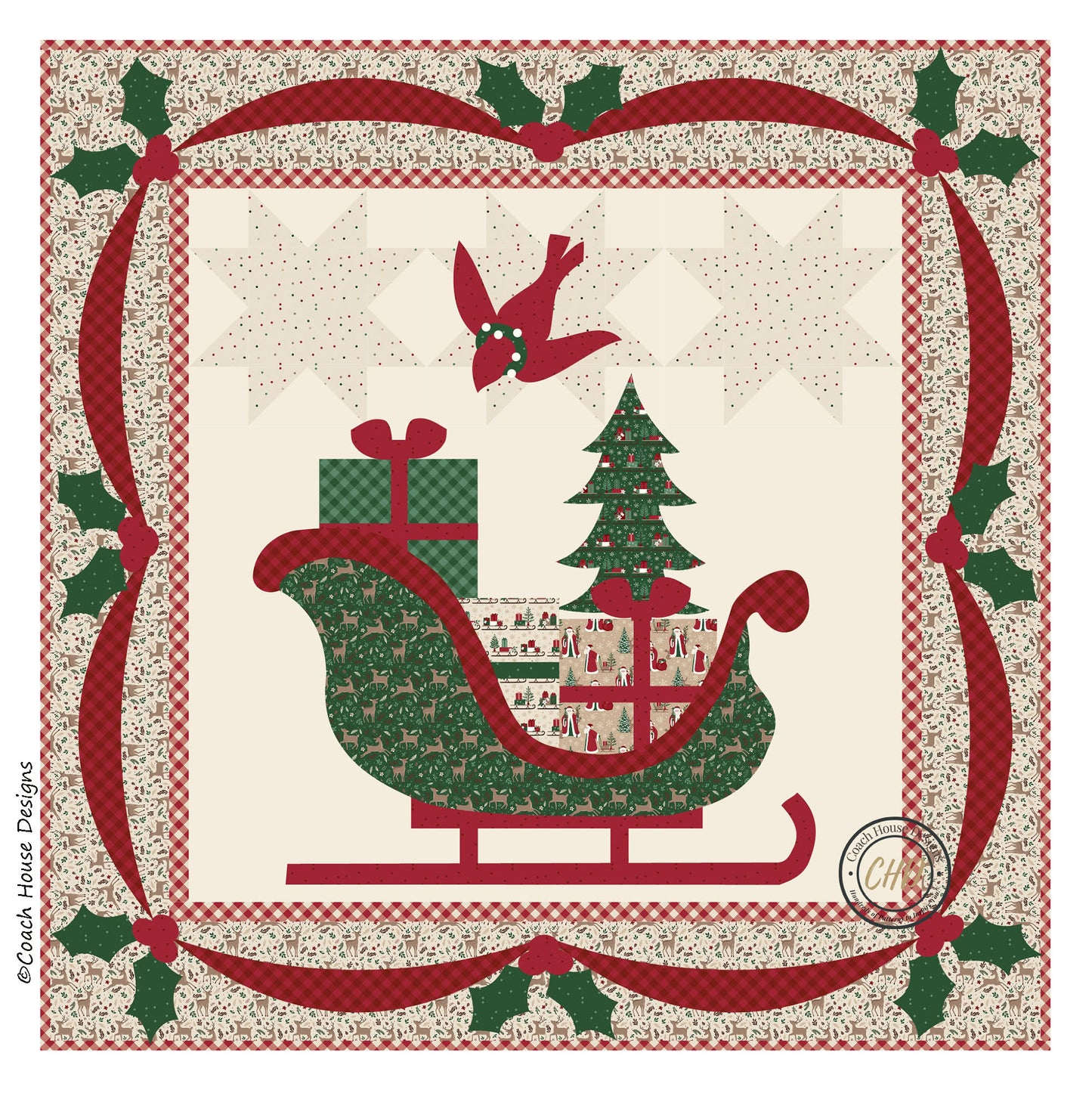 Christmas-themed quilt with a sleigh, tree, and presents sitting in Santa's sleigh. The border and sleigh are appliqued.