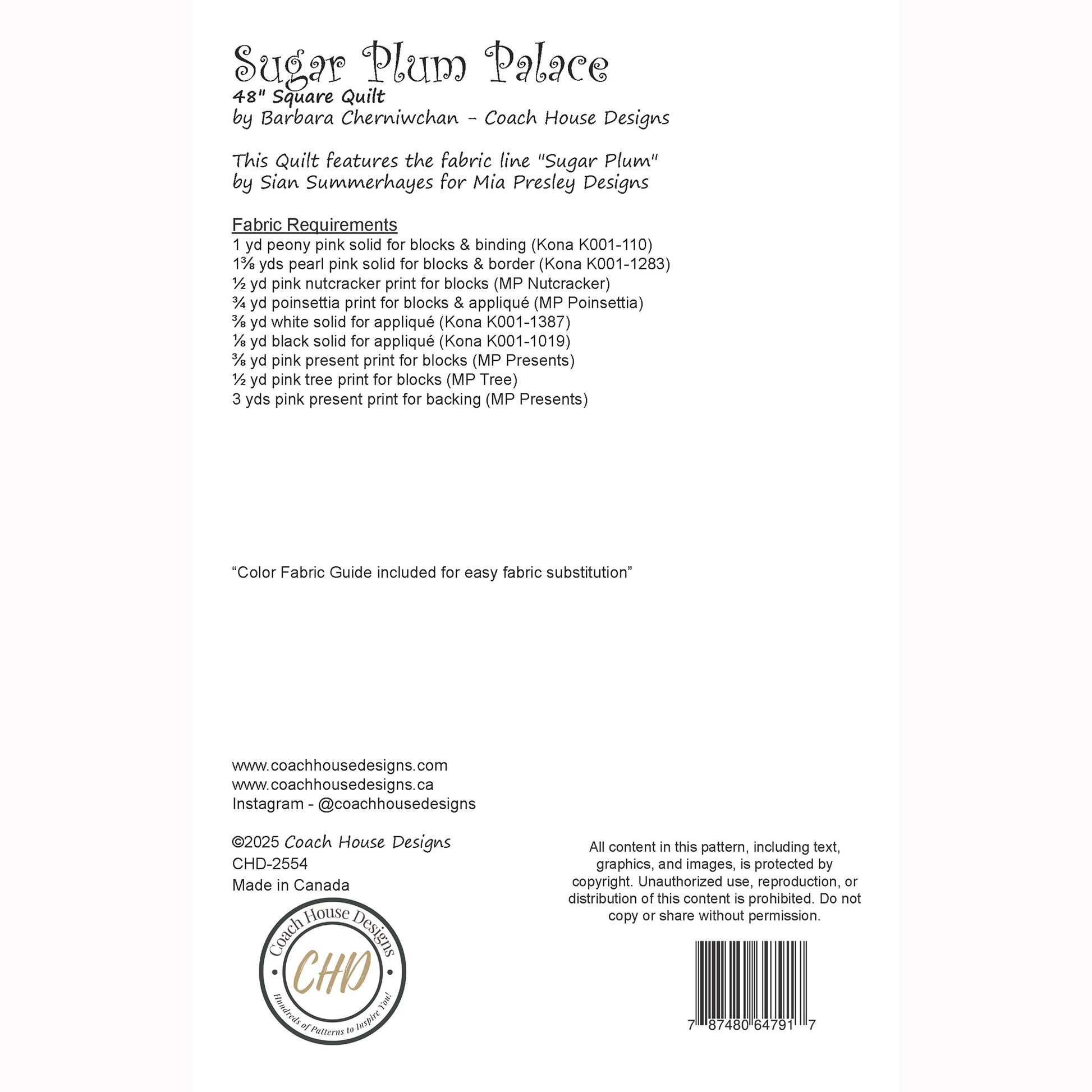 Textual information about a lap quilt sewing pattern titled 'Sugar Plum Palace' by Coach House Designs. This page contains information about the design specifications and fabric requirements to make the quilt.
