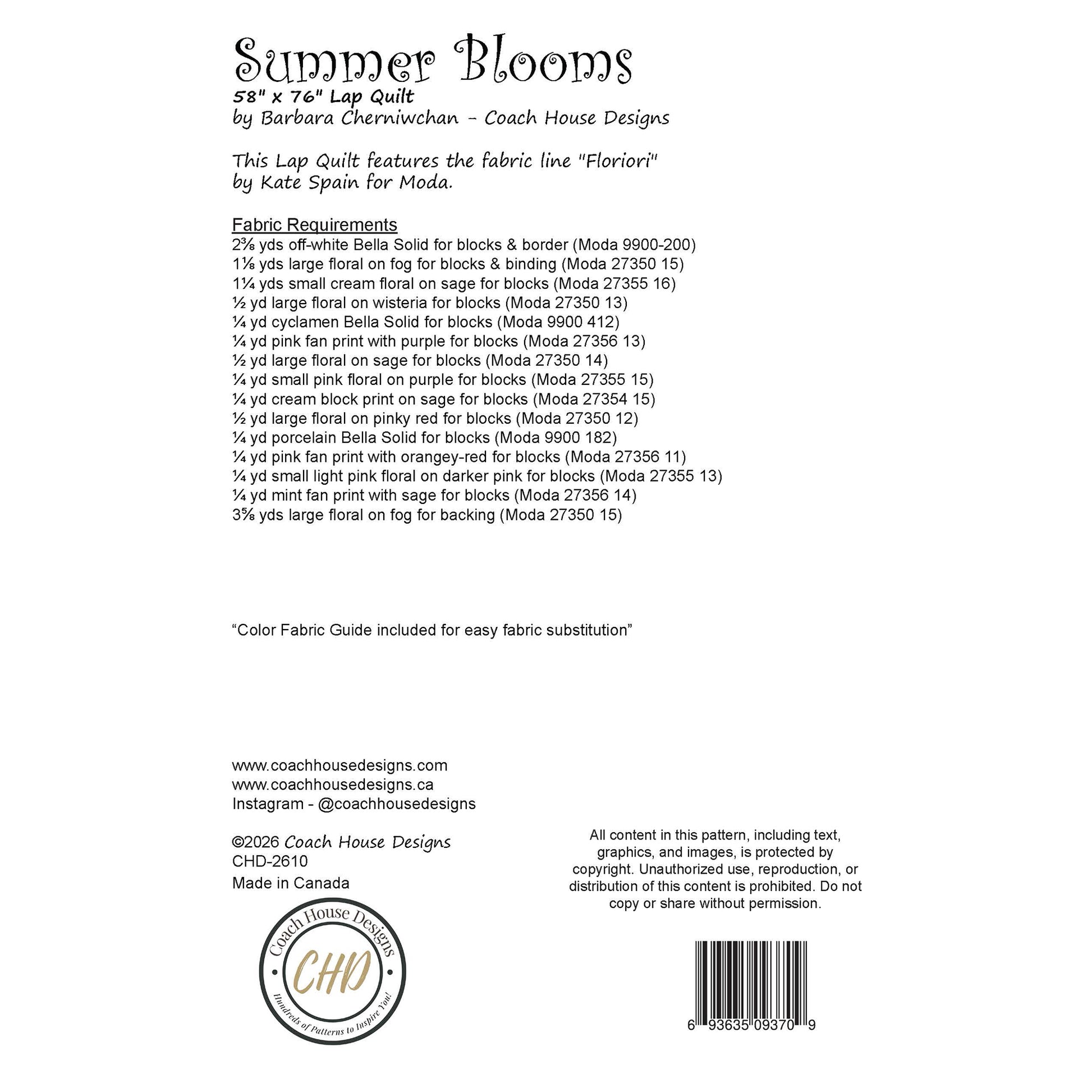 This page contains information about a lap quilt sewing pattern titled 'Summer Blooms' by Coach House Designs. It includes specifications and yardage requirements from the fabric collection "Floriori" by Kate Spain for Moda. 
