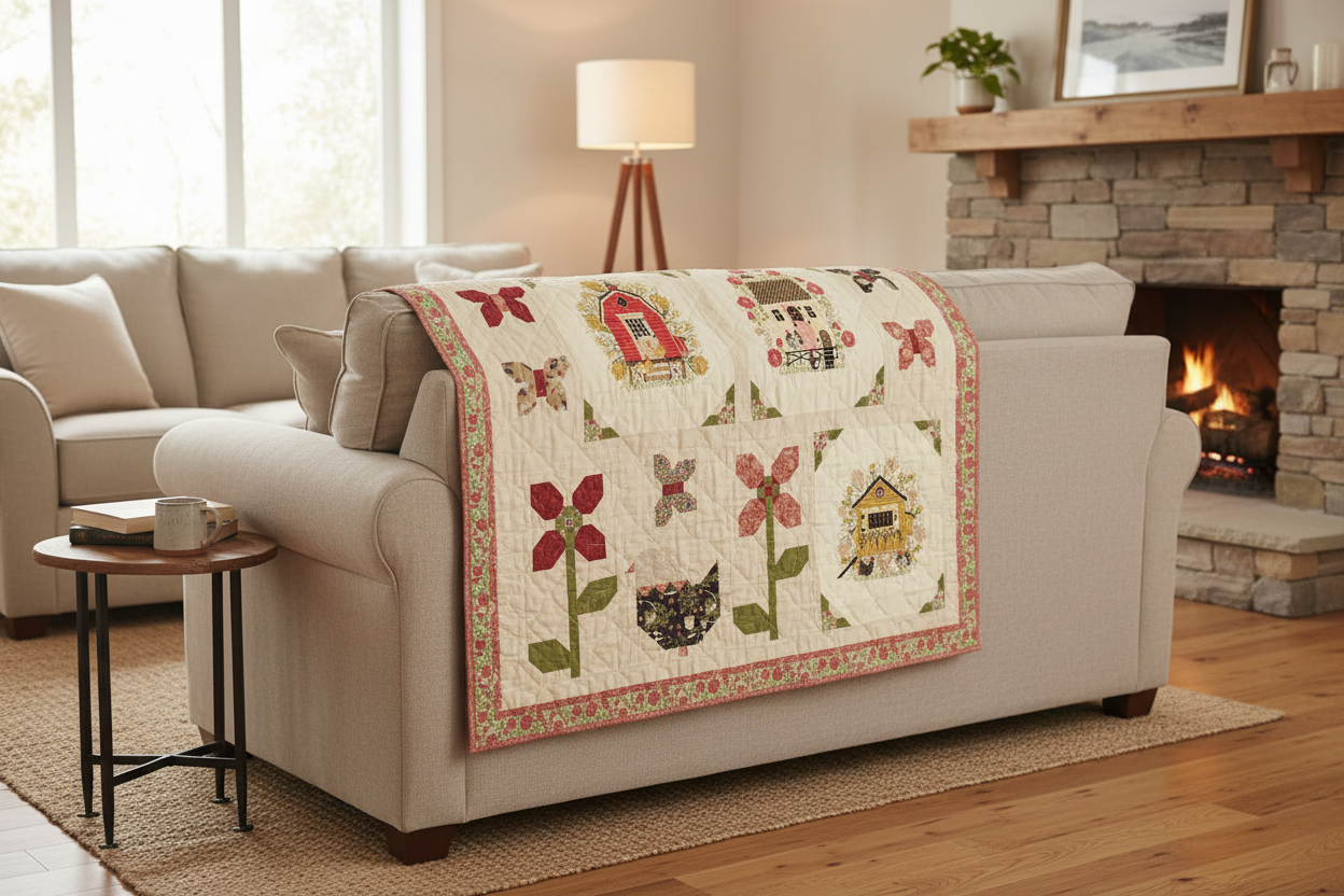 Lap quilt with flowers, chickens, butterflies and garden sheds on a cream background draped over a sofa in a cozy living room.